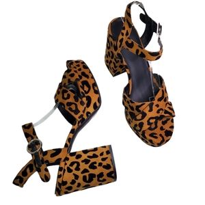H&M Divided Sandals Chunky Heel Animal Print Platform Tan Black Sz 9.5